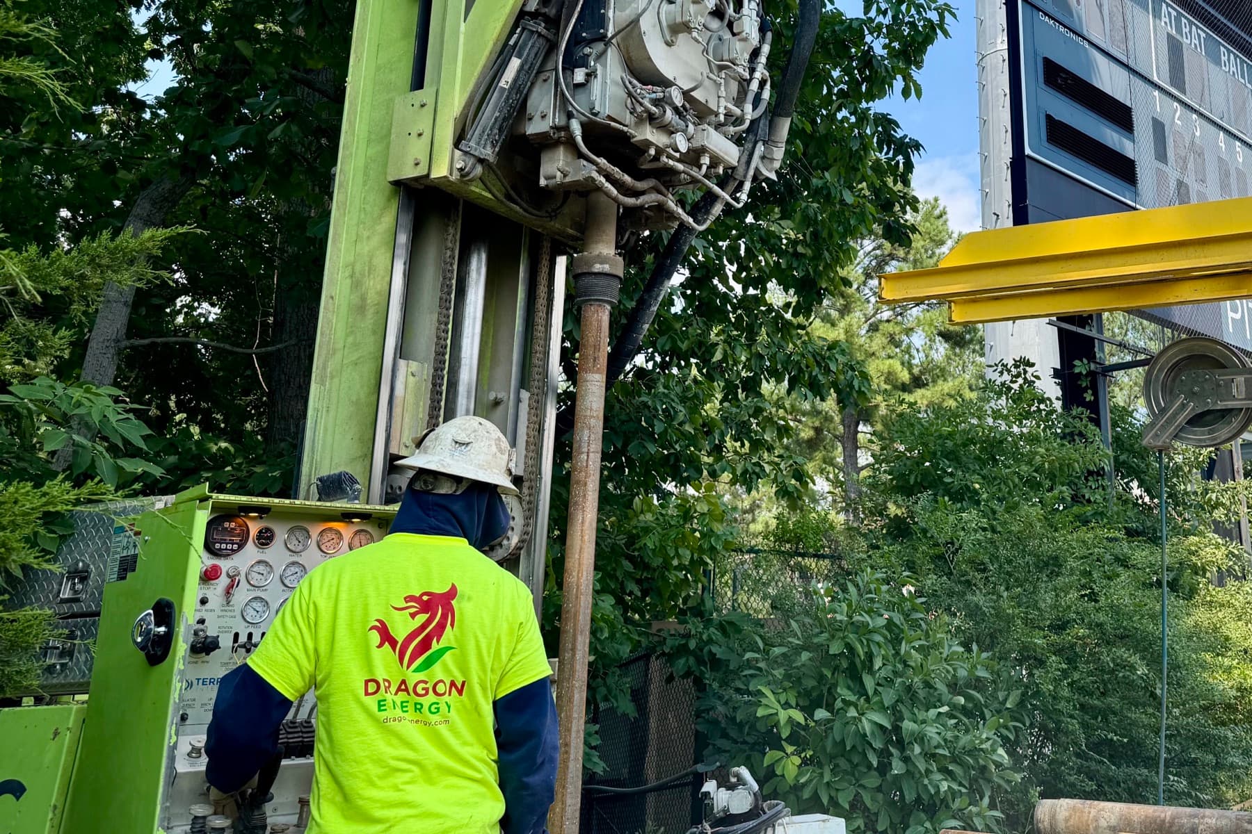 Dragon Energy drill rig installing a vertical closed loop geothermal borefield in Virginia
